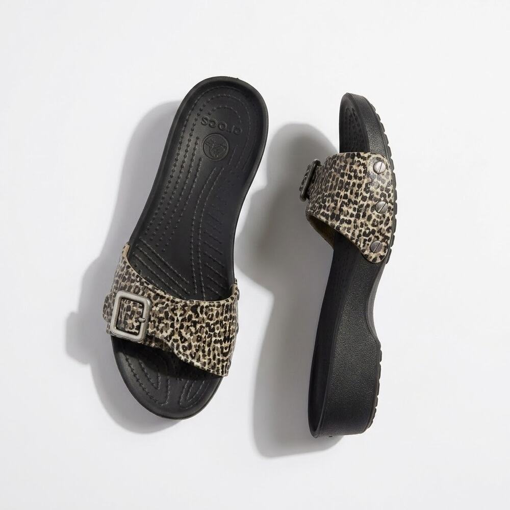 Crocs Leopard Print Buckle Wedge Slide Sandal Black Womens 9